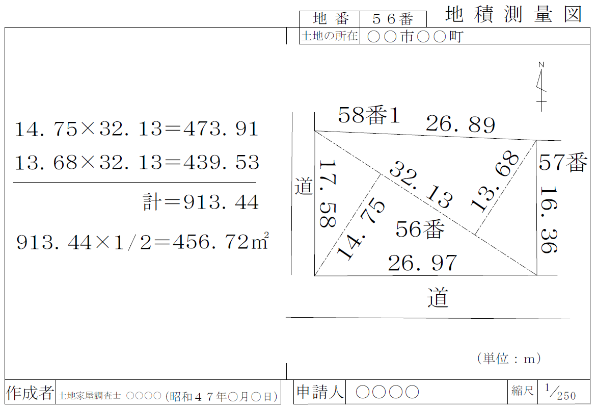 三斜法によって作成された地積測量図の例