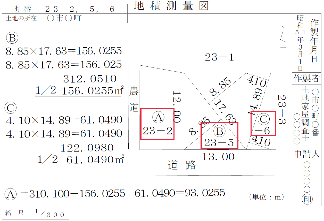 分筆登記でできた地積測量図の例