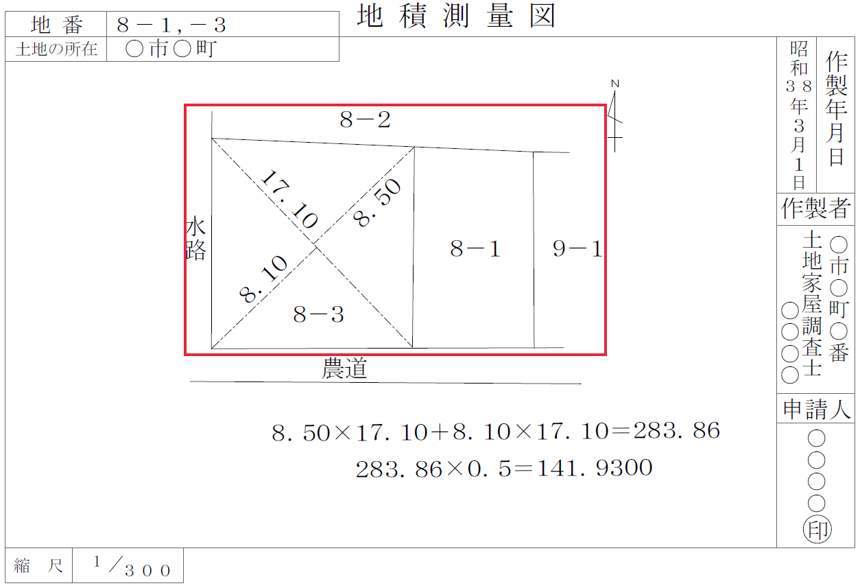 境界点間の辺長の記載が無い地積測量図の例