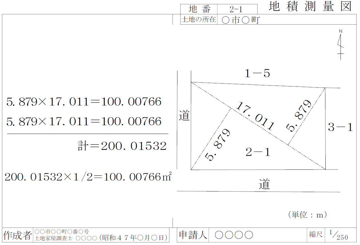 三斜法で作成された地積測量図の例