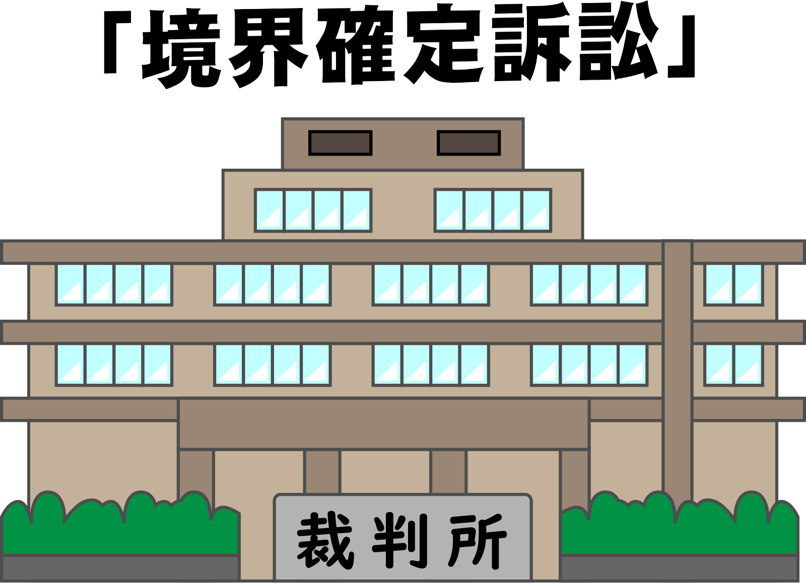 土地境界線の立会い拒否や所有権トラブルの最終手段として、裁判所が行う境界確定訴訟のイラスト
